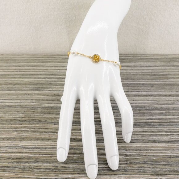 Tory Burch Crystal Logo & Imitation Pearl Station Bracelet Ivory/Tory Gold OS - Picture 9 of 16